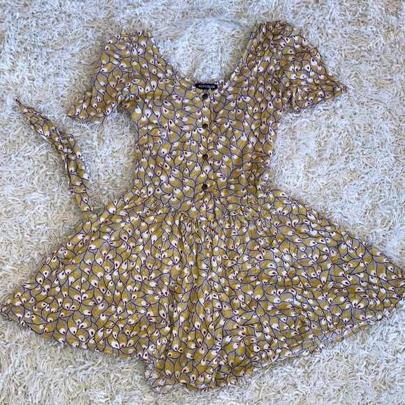Gold Mini Romper Dress, gathered at shoulders & waist, Easy Front Opening - Picture 16 of 16